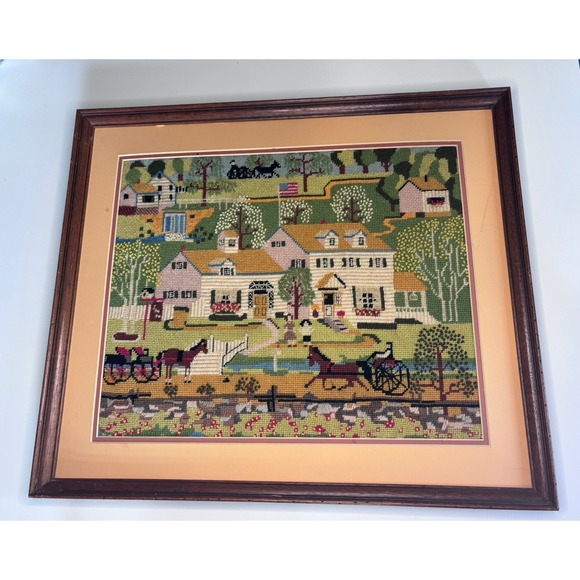Other - Folk Needlepoint White House‎ Framed Artwork Primitive Charles Wysocki